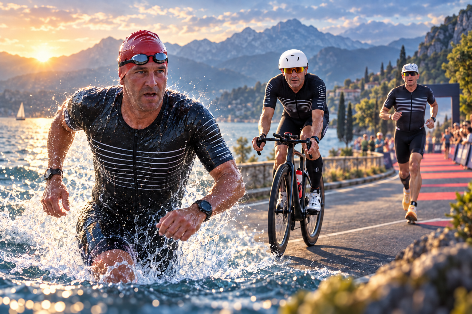 Künstlerische Darstellung von Yves Lustenberger beim Schwimmen, Radfahren und Laufen